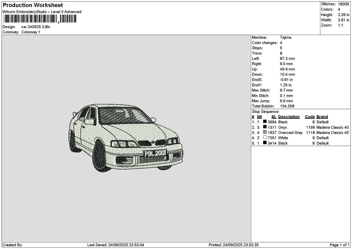 White Car 2409b Embroidery File 6 sizes