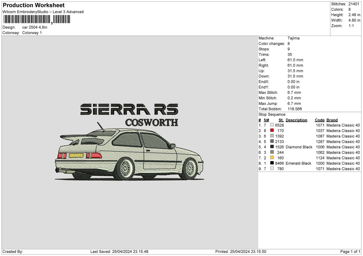 Car 2504 Embroidery File 6 sizes