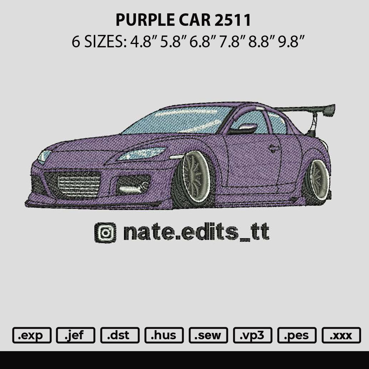 Purple Car 2511 Embroidery File 6 sizes
