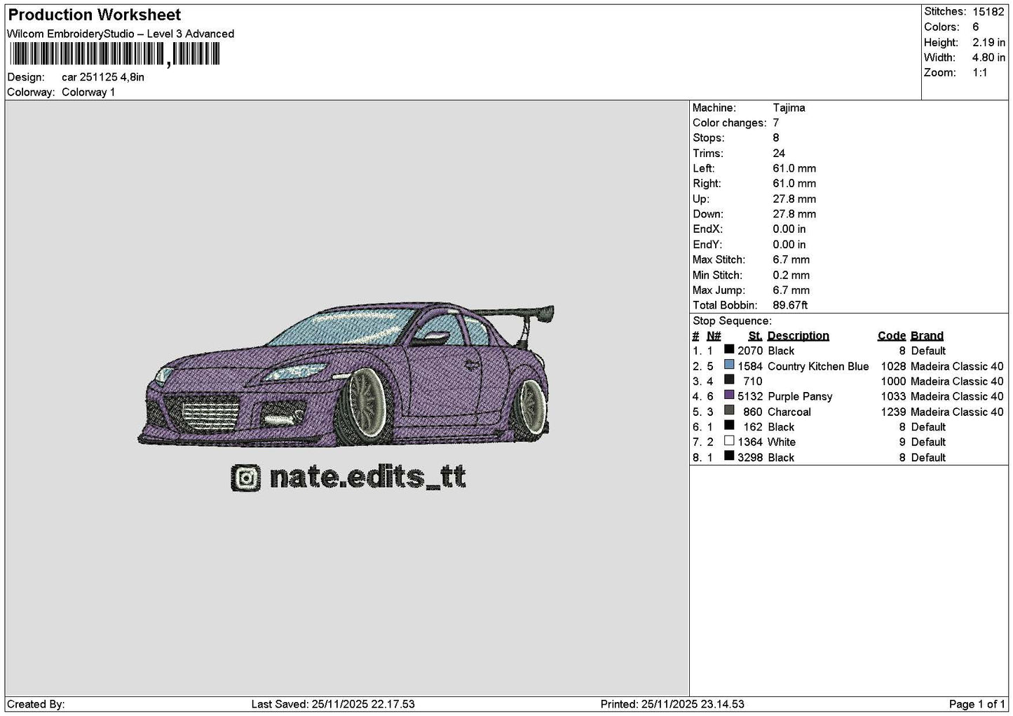Purple Car 2511 Embroidery File 6 sizes