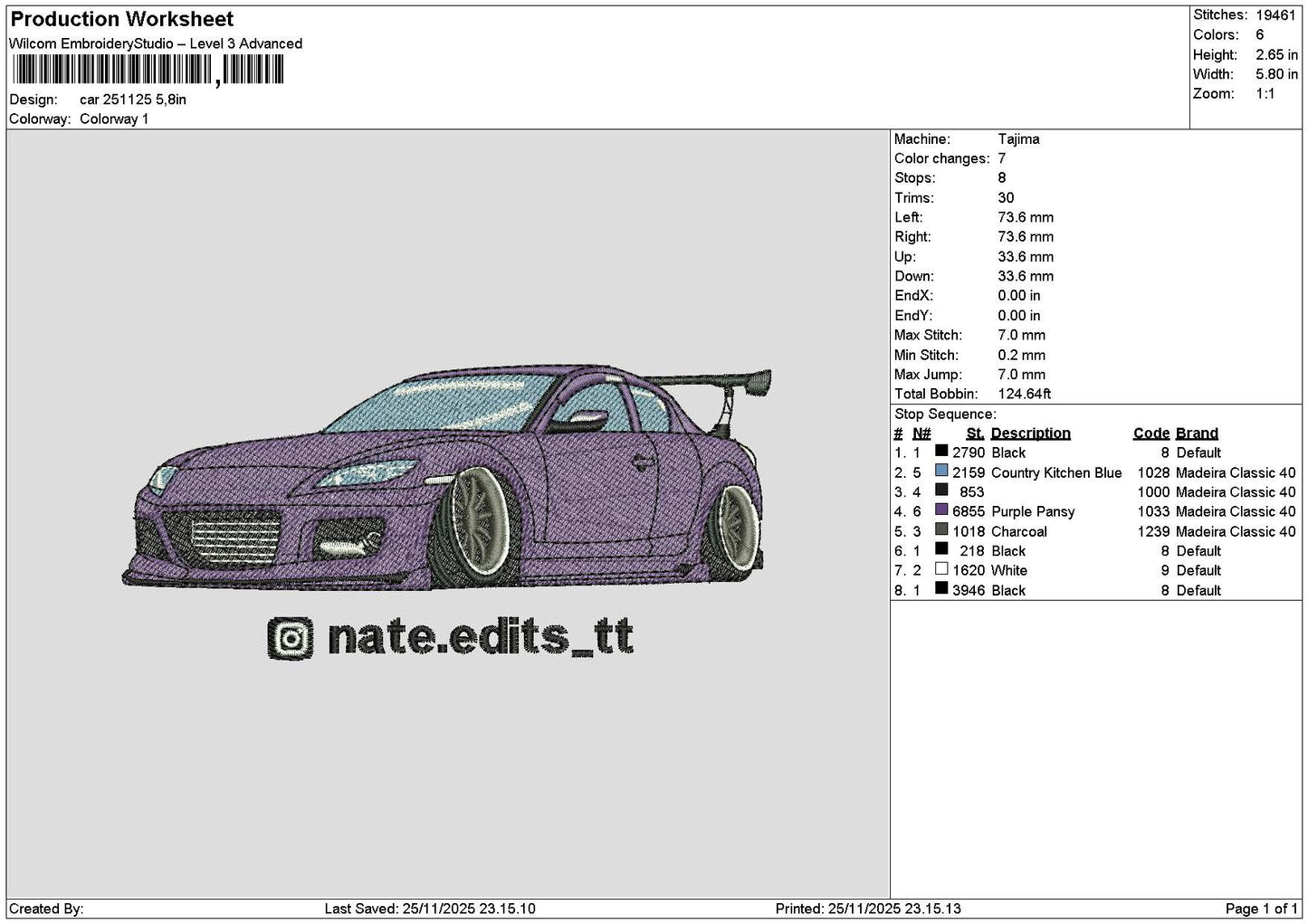 Purple Car 2511 Embroidery File 6 sizes