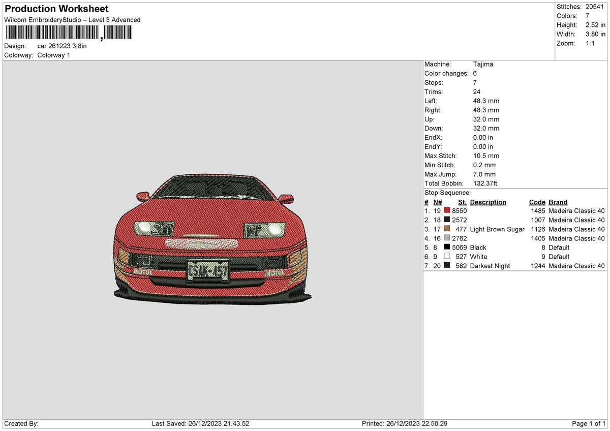Car 2612 Embroidery File 6 sizes