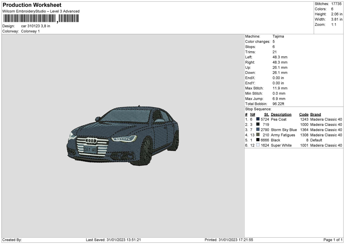 Car 3101 Embroidery File 6 sizes