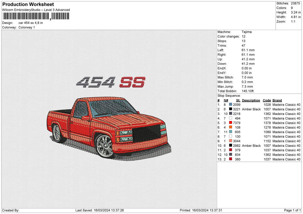 Car 454 ss Embroidery File 6 size