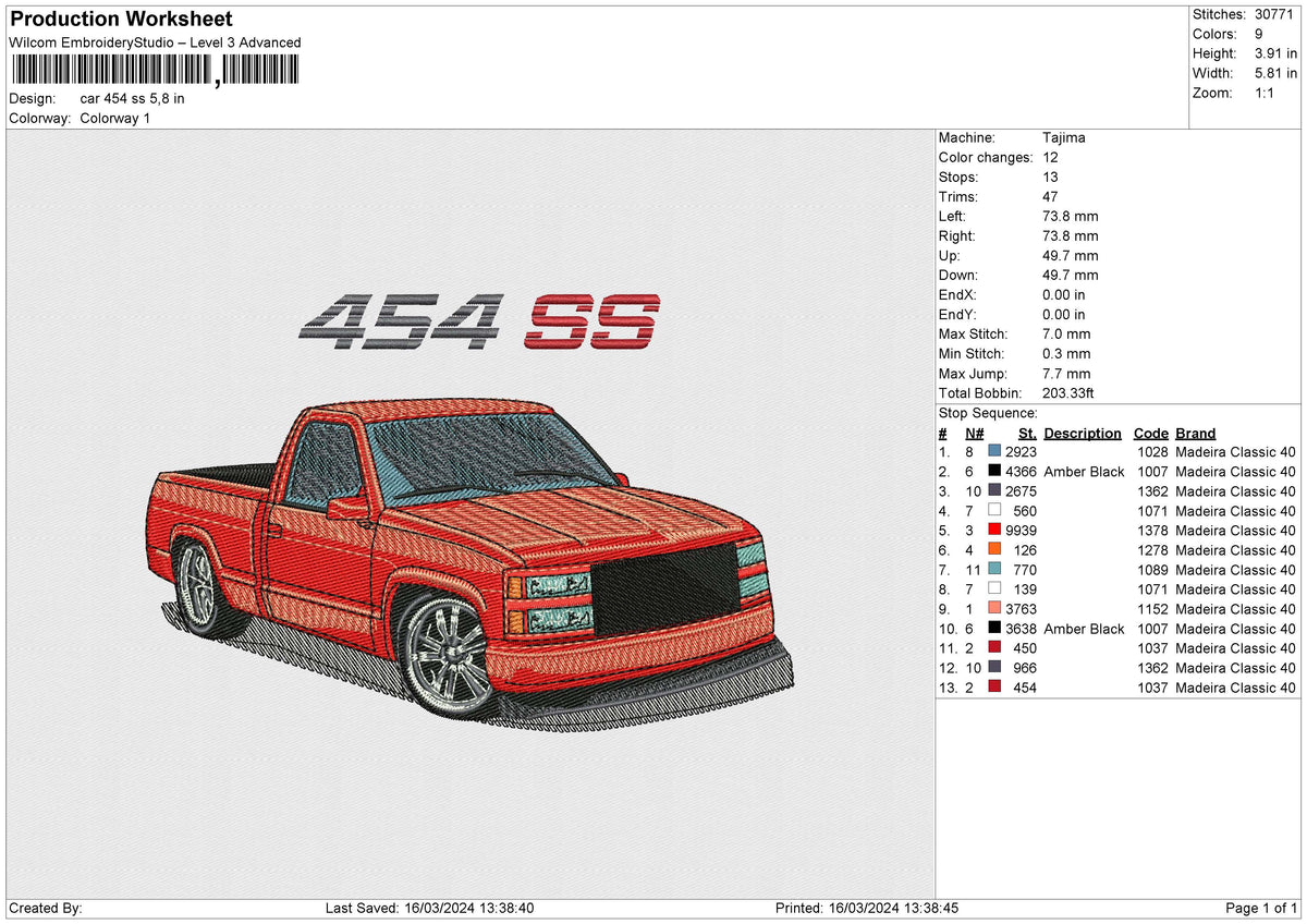 Car 454 ss Embroidery File 6 size