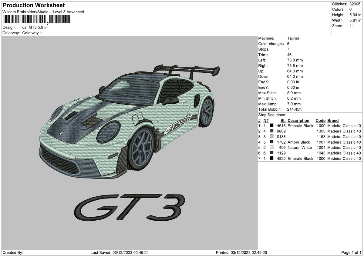Car Gt3 Embroidery File 6 sizes