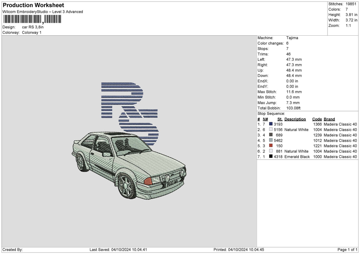 Car 0310 Embroidery File 6 sizes