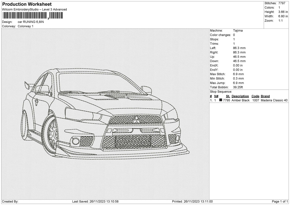 CAR RUNING Embroidery File 6 size