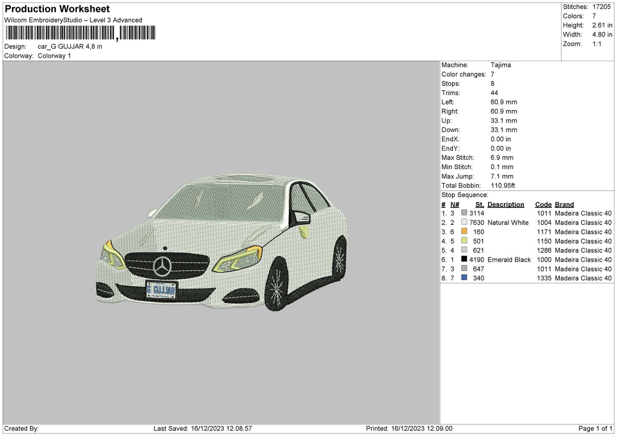 White Car 1612 Embroidery FIle 6 sizes