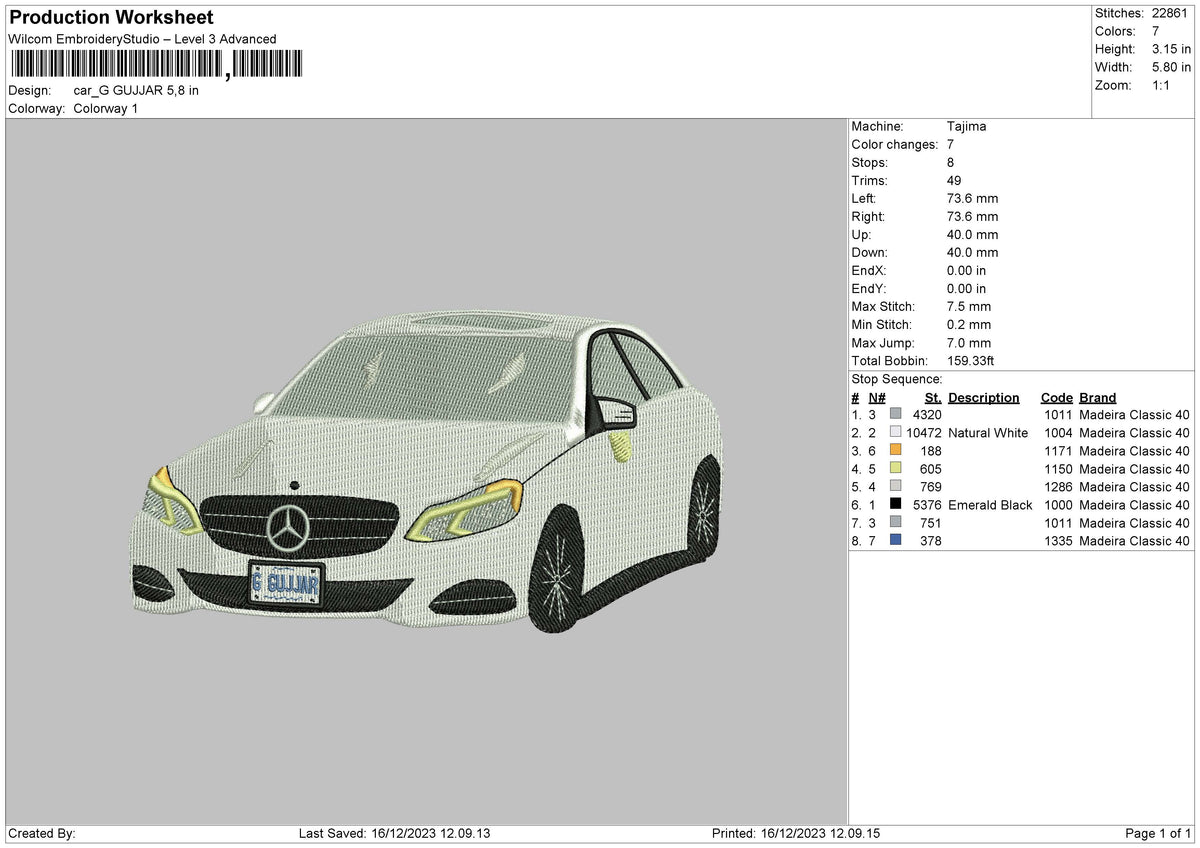 White Car 1612 Embroidery FIle 6 sizes