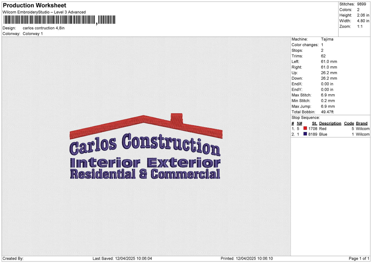 Carlos Contruction Embroidery File 6 size