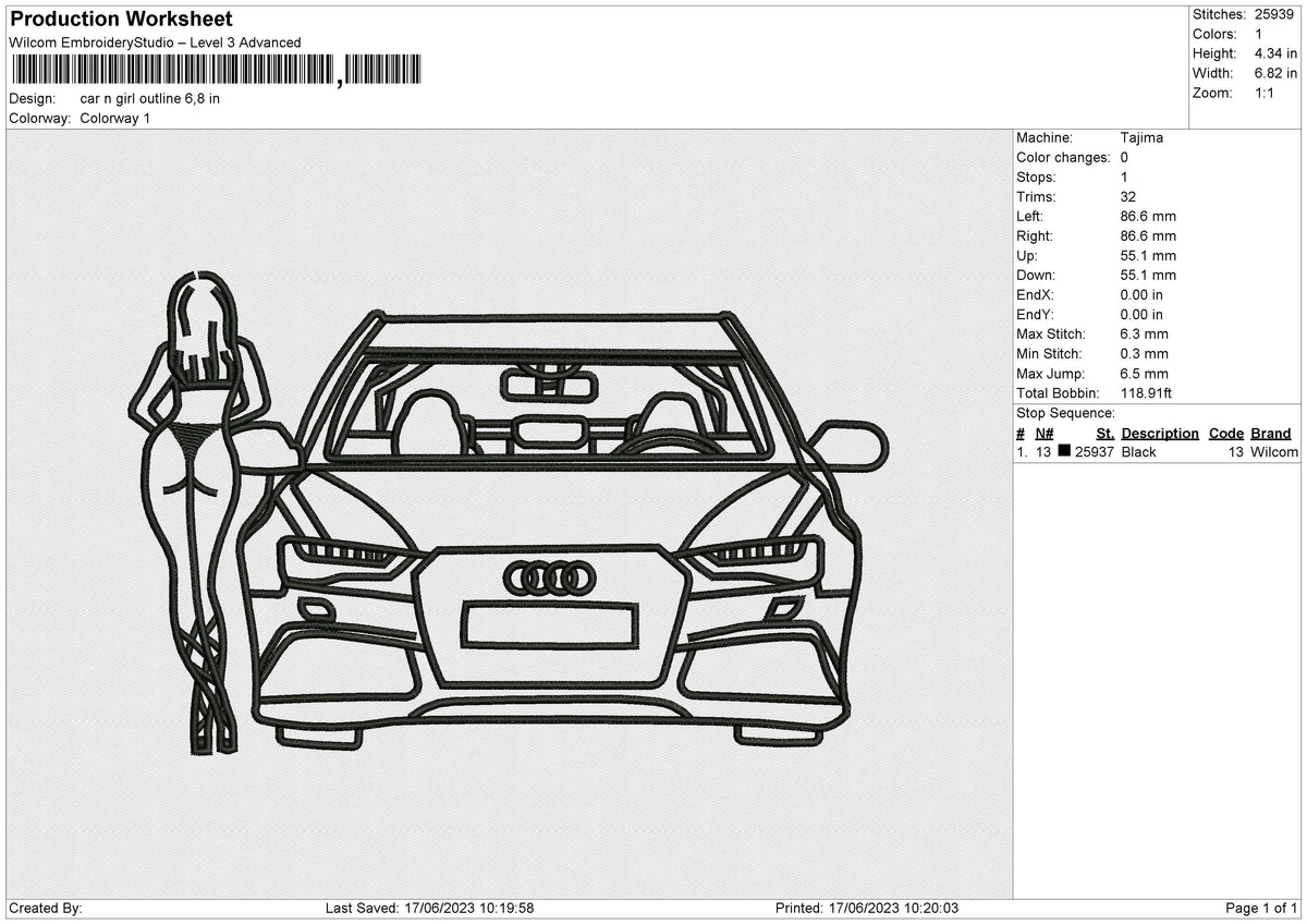Car n Girl outline Embroidery File 6 size