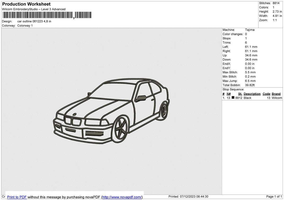 Car Outline Embroidery File 6 size