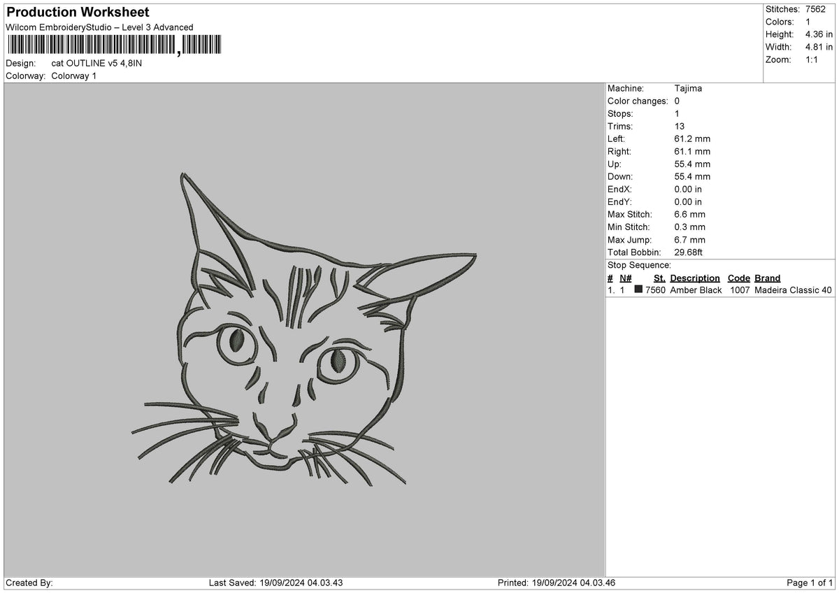 Cat Ouutline V5 Embroidery File 6 sizes