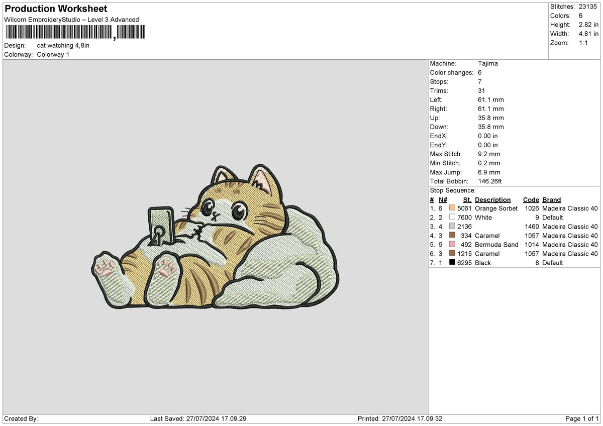 Cat watching Embroidery File 6 size