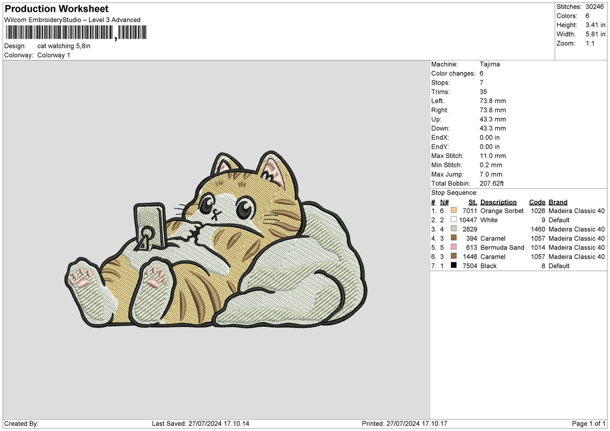 Cat watching Embroidery File 6 size