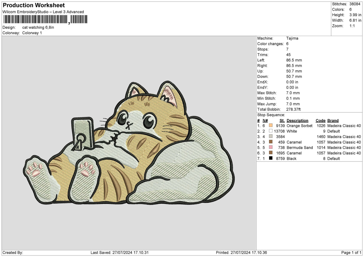 Cat watching Embroidery File 6 size
