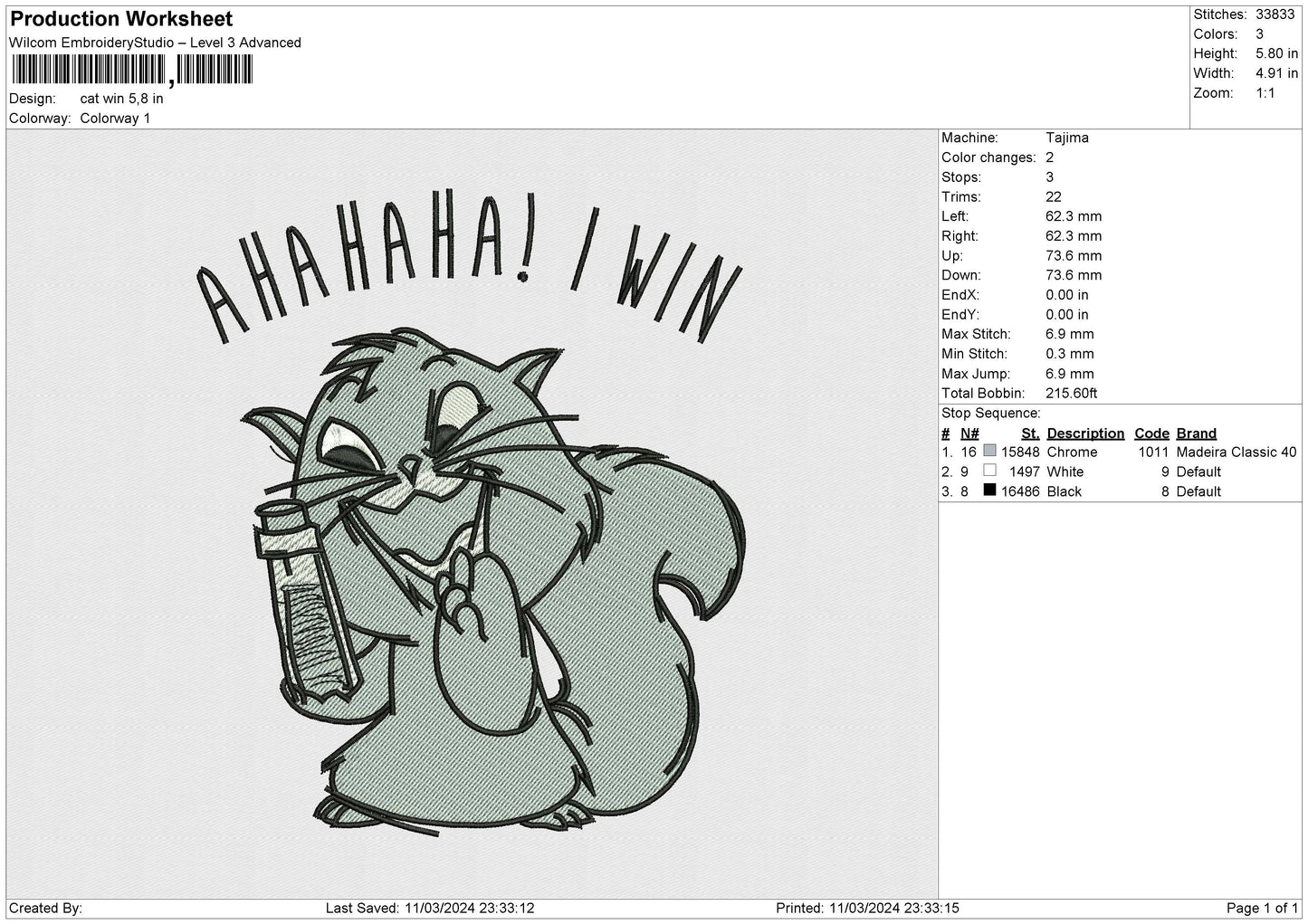 Cat win Embroidery File 6 size
