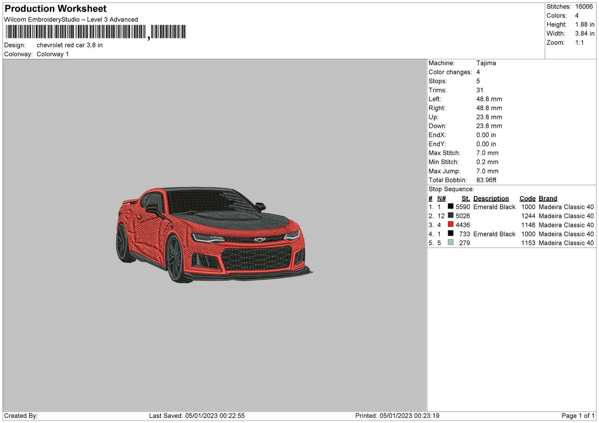 Chevrolet Red Car Embroidery File 6 sizes