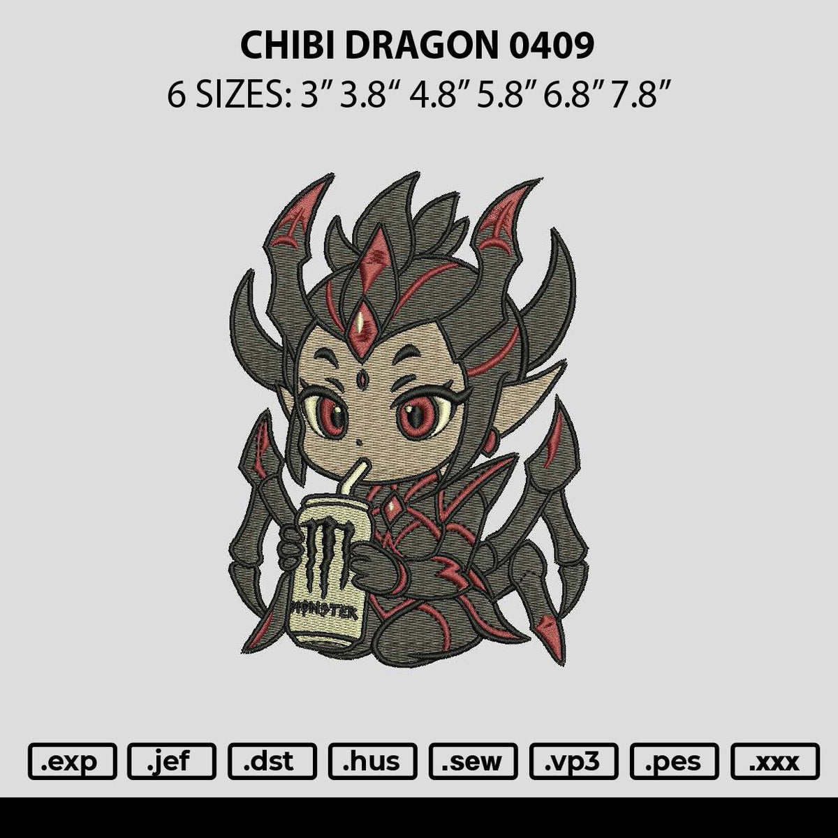 Chibi Dragon 0409 Embroidery File 6 sizes