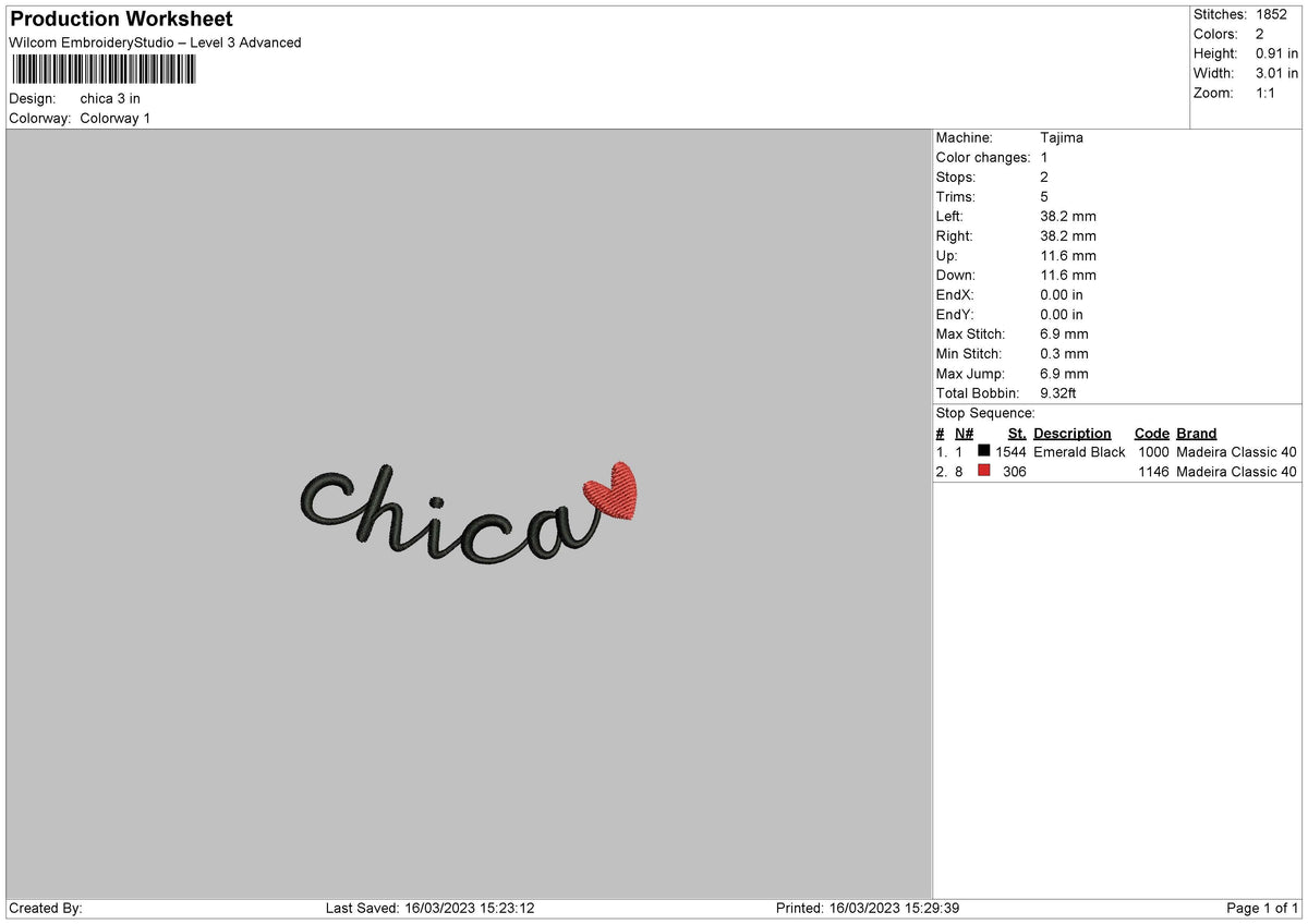 Chica Embroidery File 6 sizes