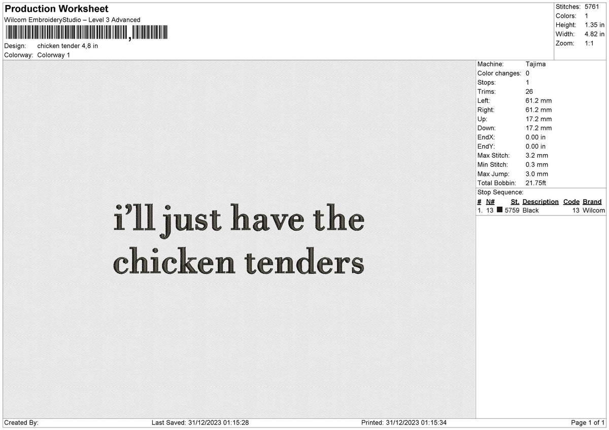 Chicken tender Embroidery File 6 size