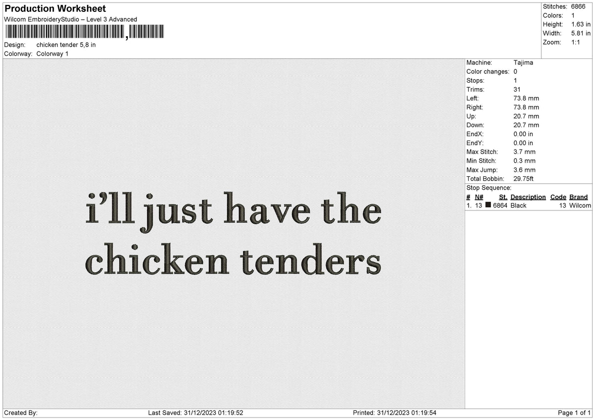 Chicken tender Embroidery File 6 size