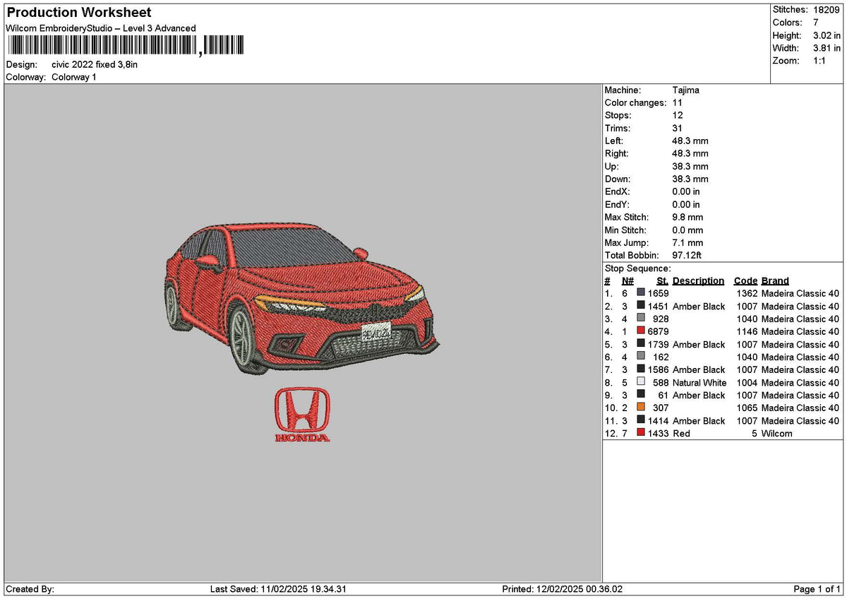 Red Car 2022 Embroidery File 6 sizes