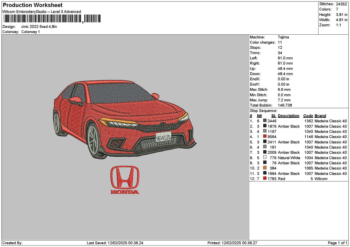 Red Car 2022 Embroidery File 6 sizes