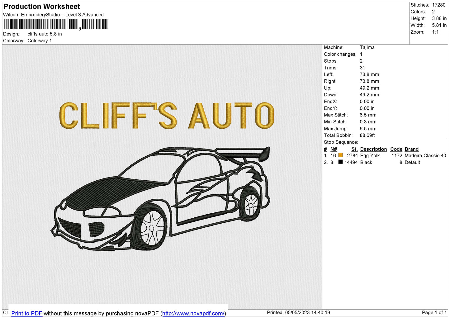 Cliffs auto Embroidery
