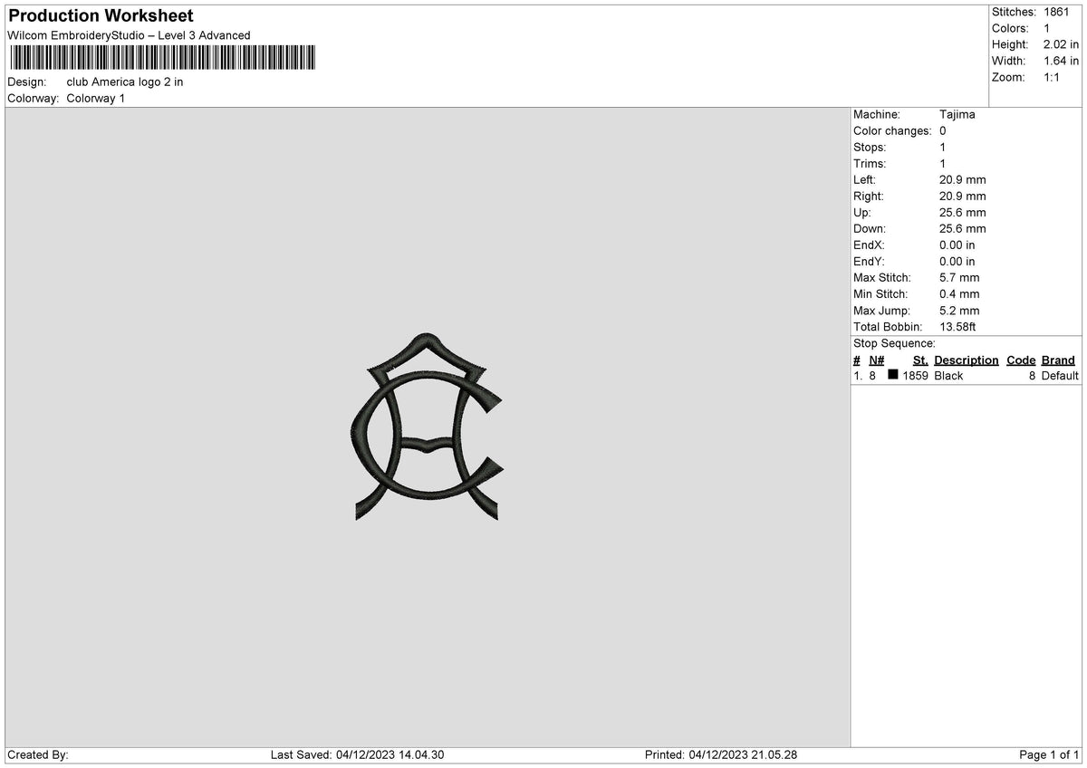 Club Logo 0412 Embroidery File 6 sizes