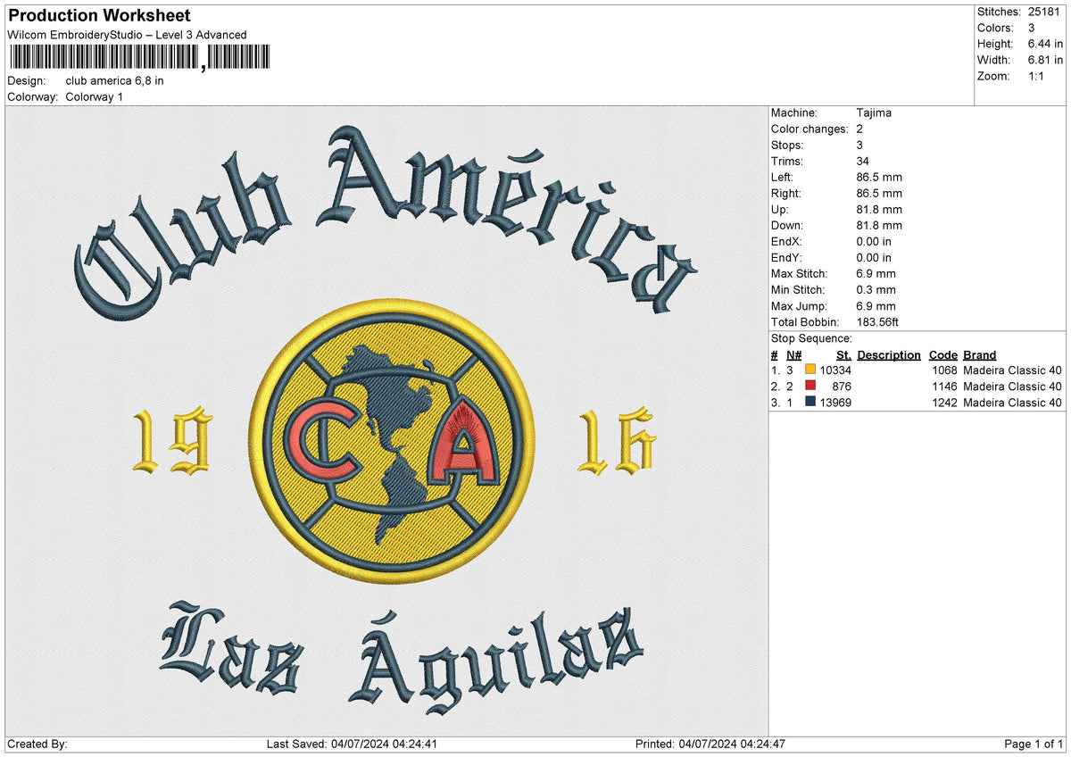 Club America Embroidery File 6 size