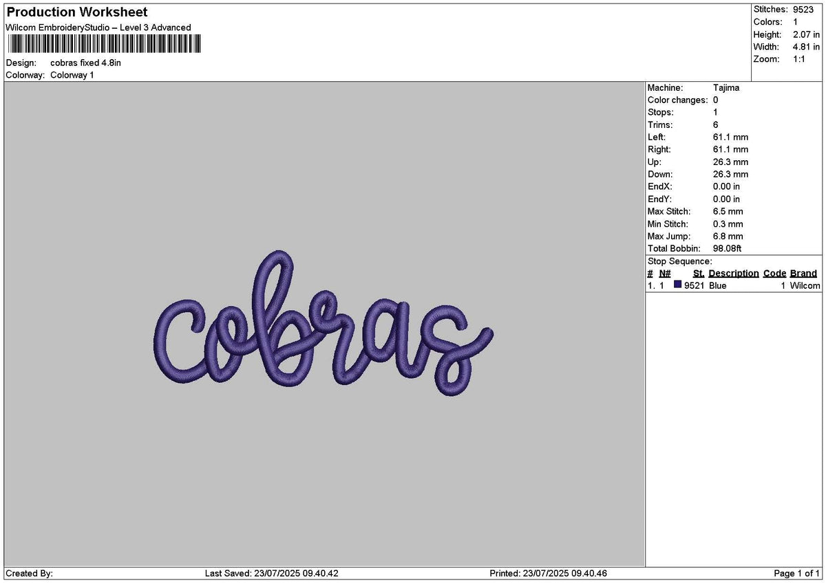 Cobrastext Embroidery File 6 sizes