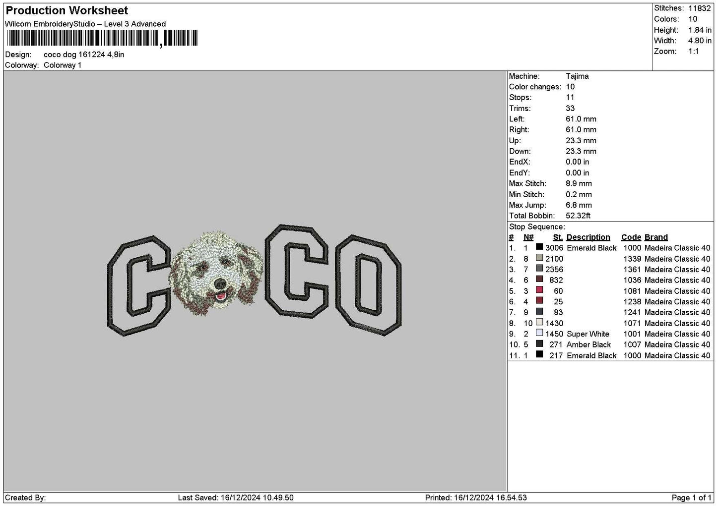Coco Dog Embroidery File 6 sizes