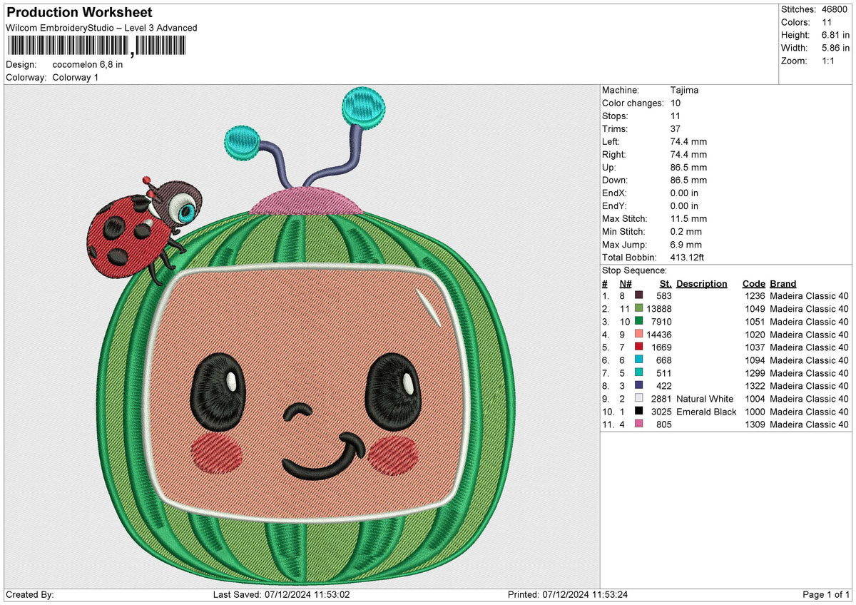 Cocomelon 3 Embroidery File 6 size