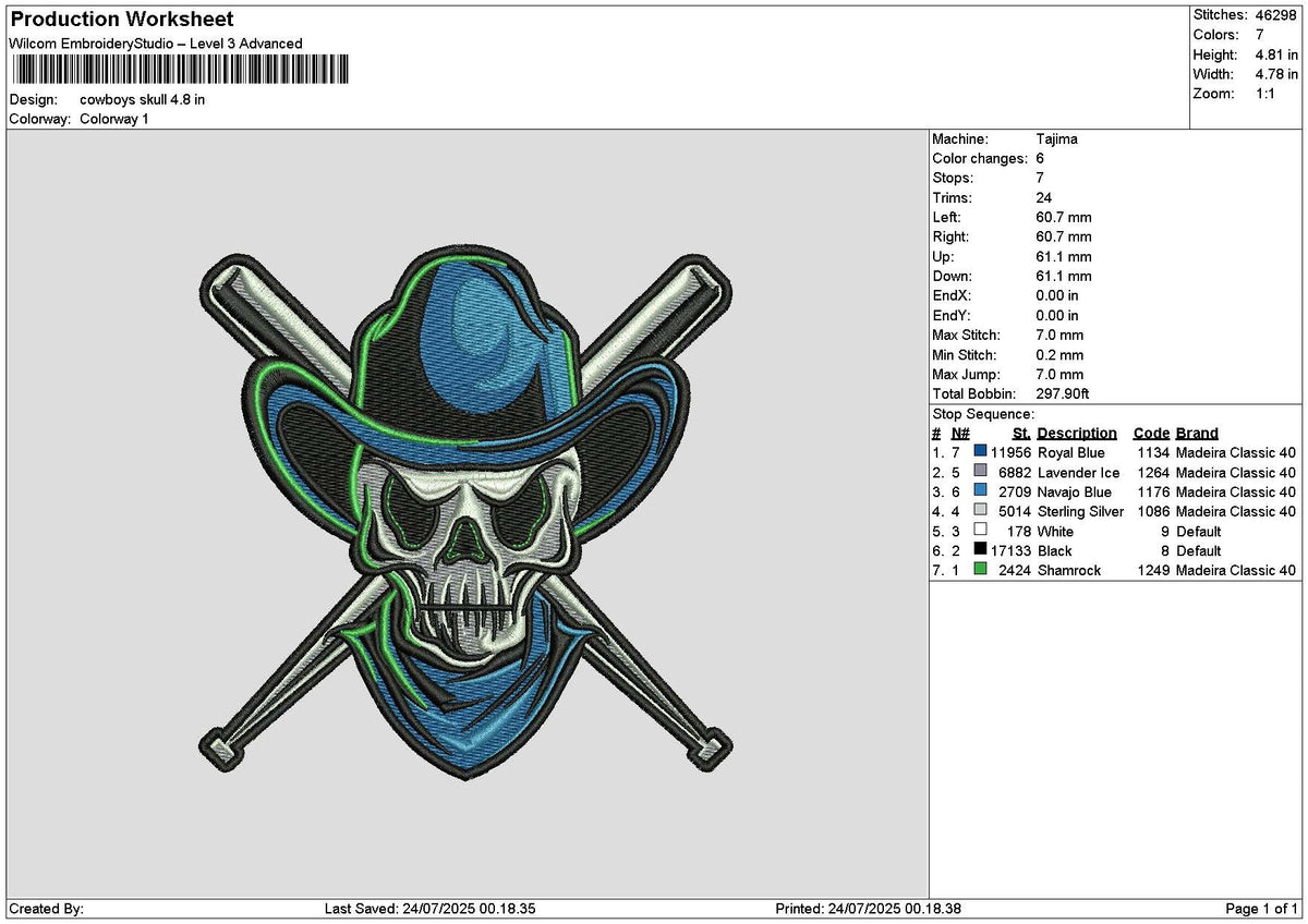 Cowboys Skull 2407 Embroidery File 6 sizes