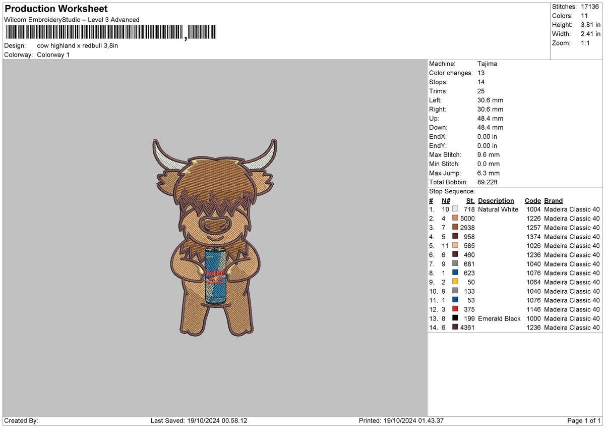 Cow Redbull 02 Embroidery File 6 Sizes