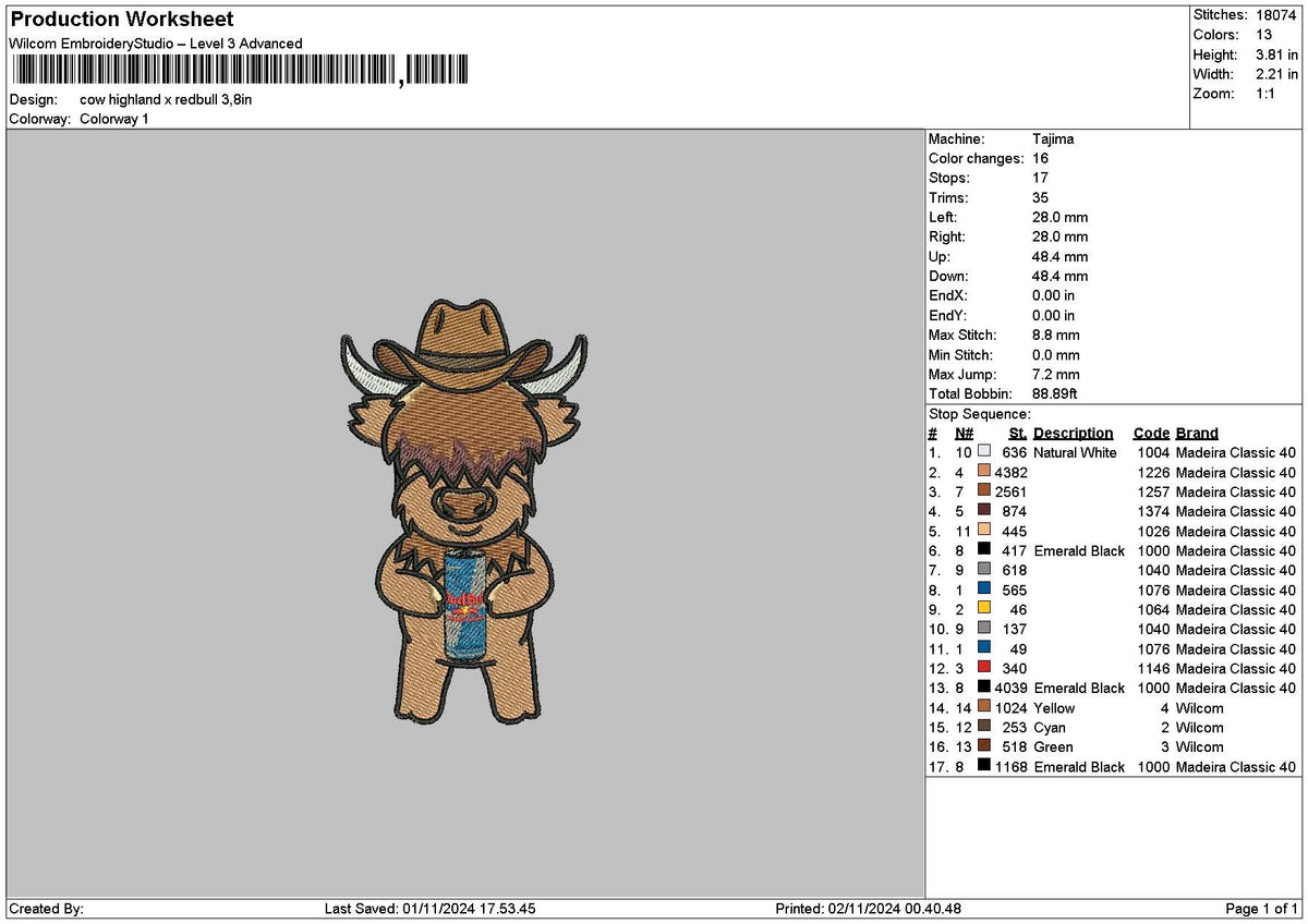 Cow Redbull Hat Embroidery File 6 Sizes