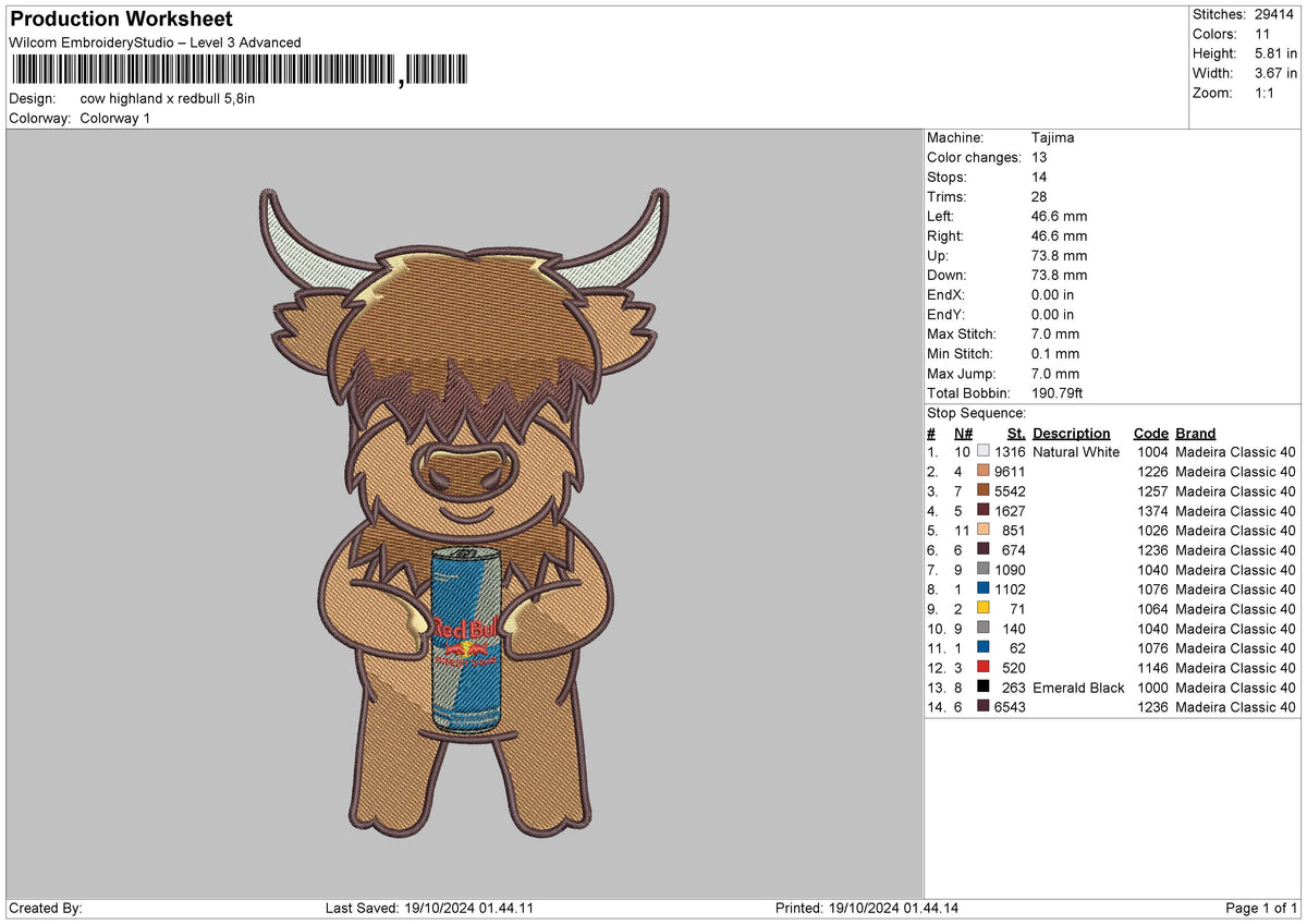 Cow Redbull 02 Embroidery File 6 Sizes