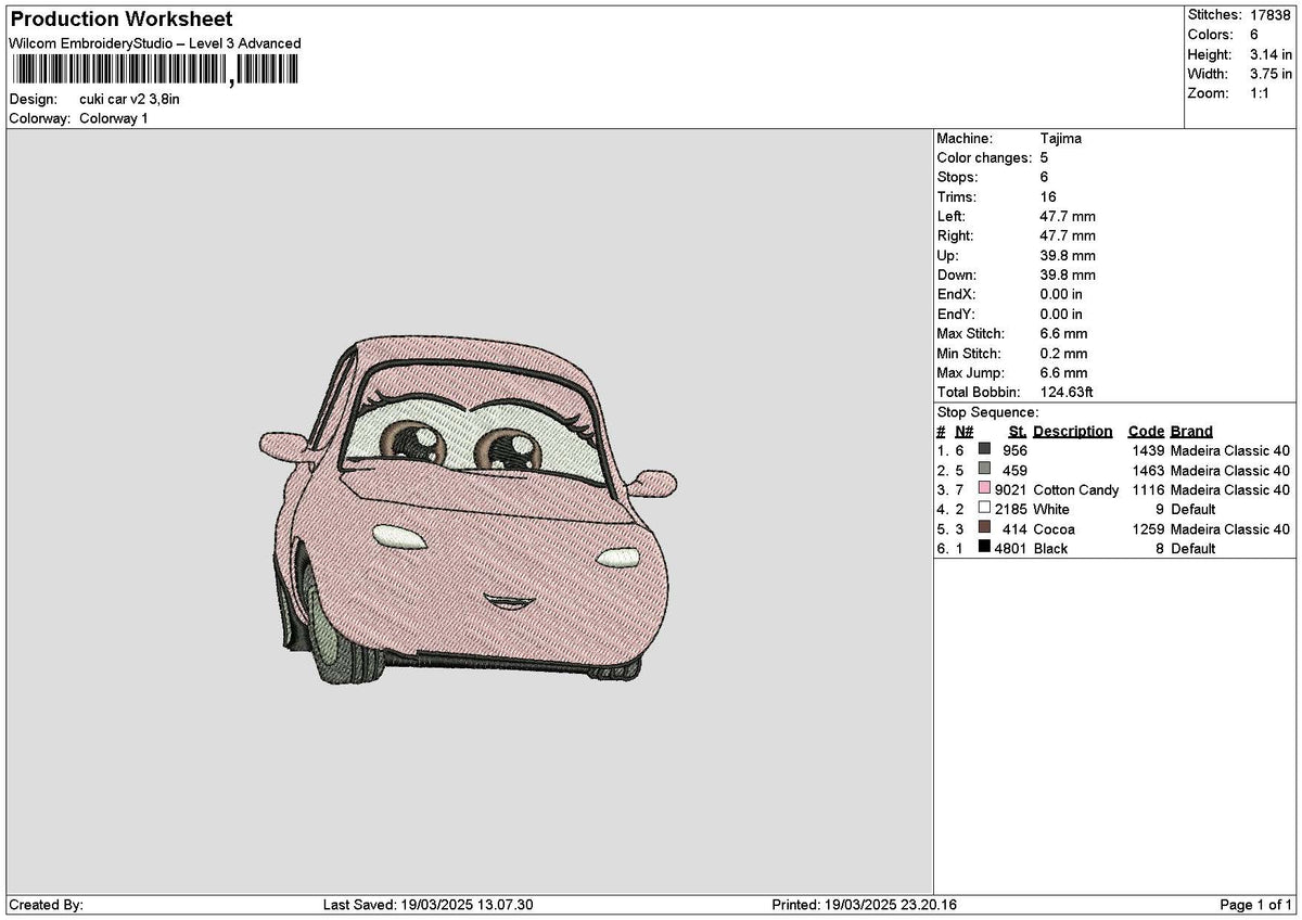 Cuki Car V2 Embroidery File sizes