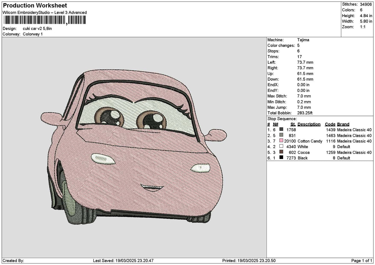 Cuki Car V2 Embroidery File sizes