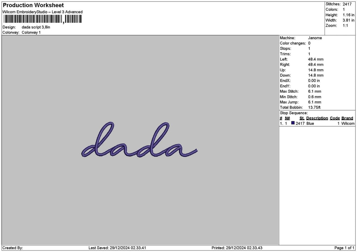 Dadatext 03 Embroidery File 6 sizes