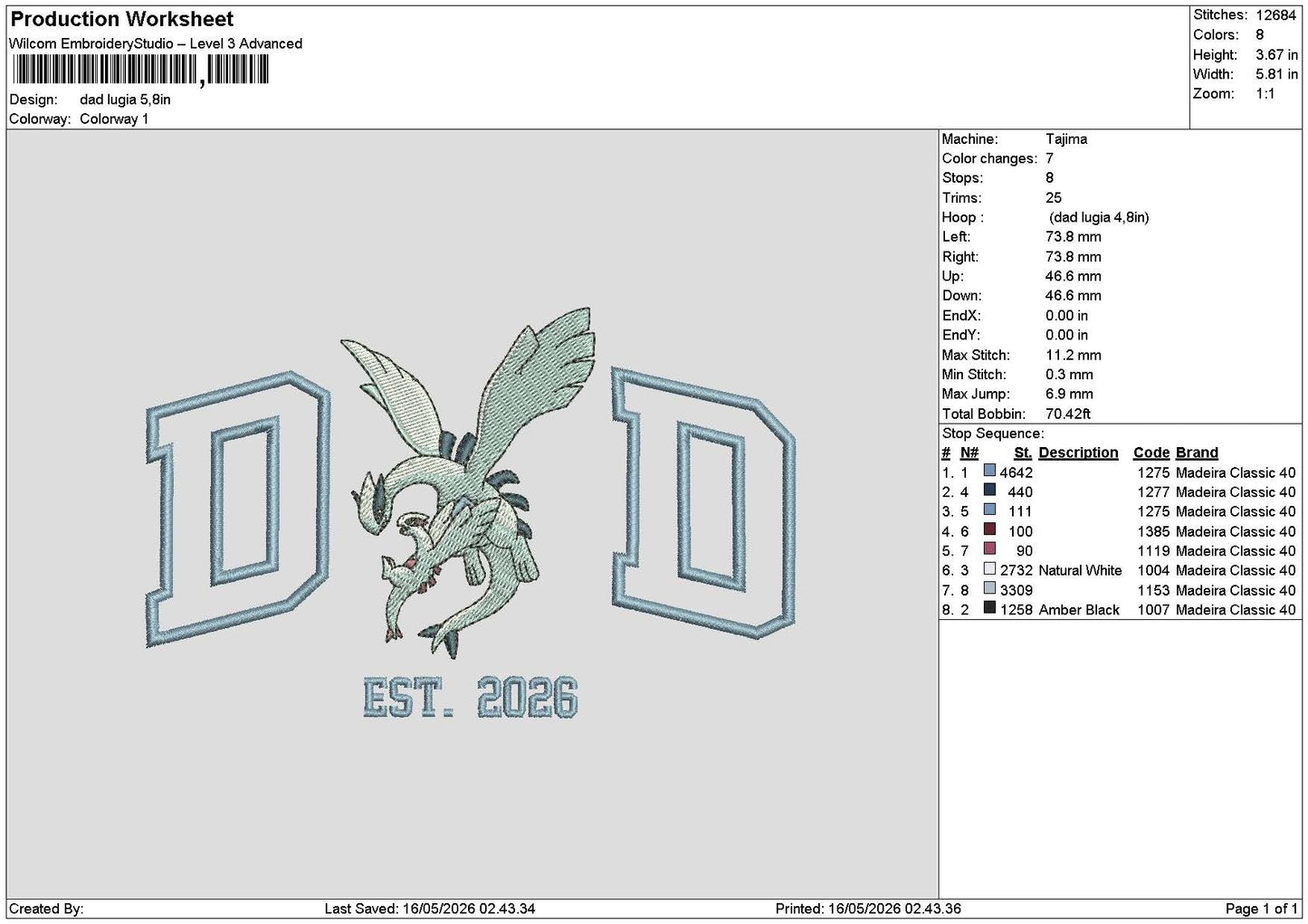 Dad Lugia Embroidery File 6 sizes