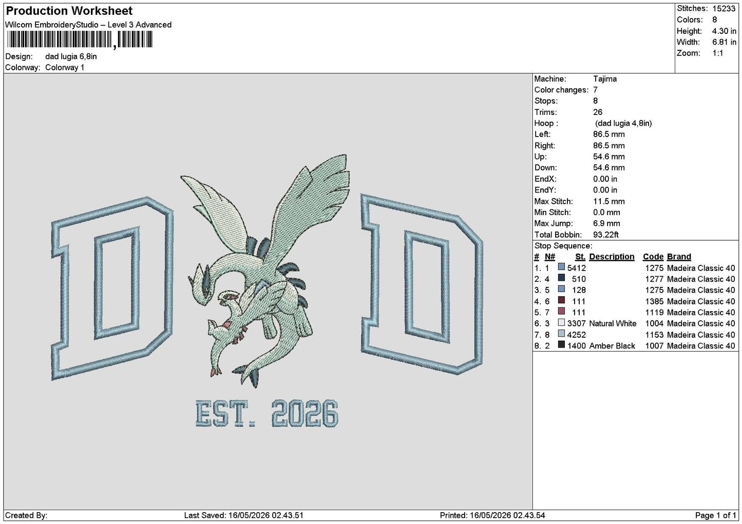 Dad Lugia Embroidery File 6 sizes