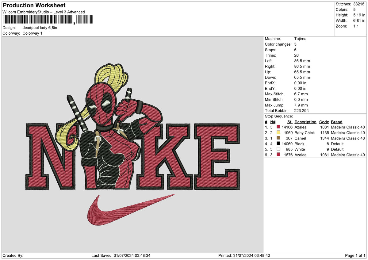 Deadpool Lady Embroidery File 6 size