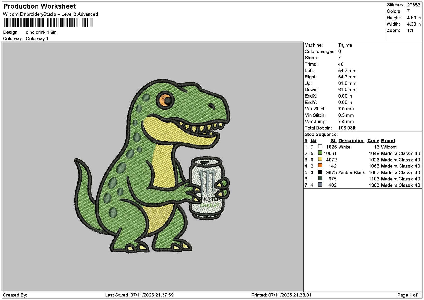 Dino Drink Embroidery File 6 sizes
