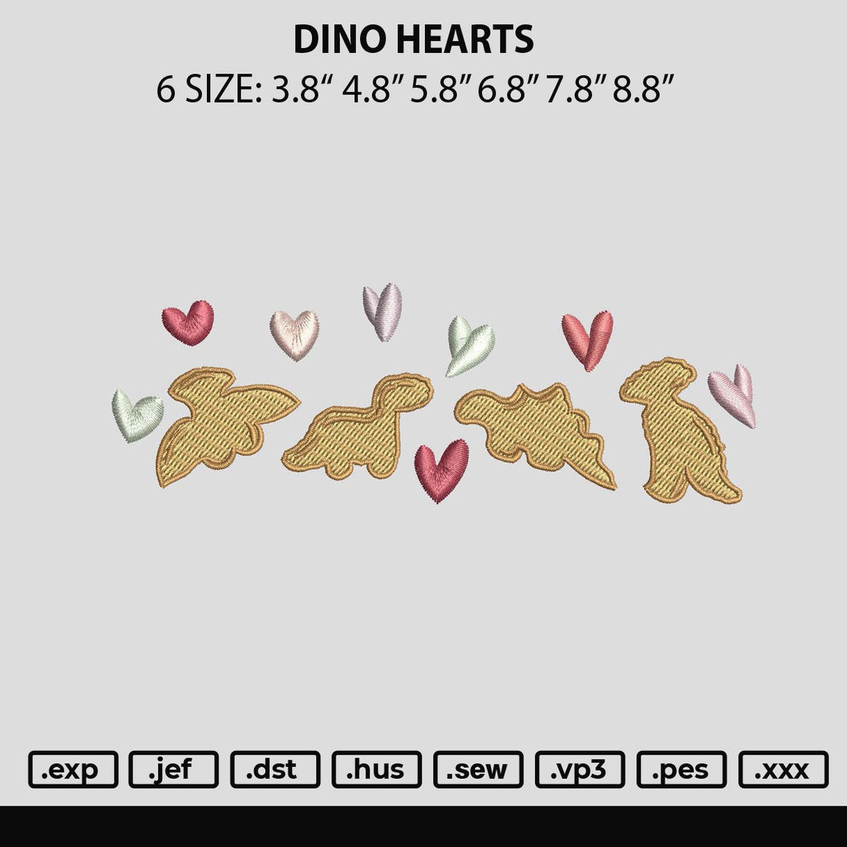 Dino Hearts Embroidery File 6 sizes