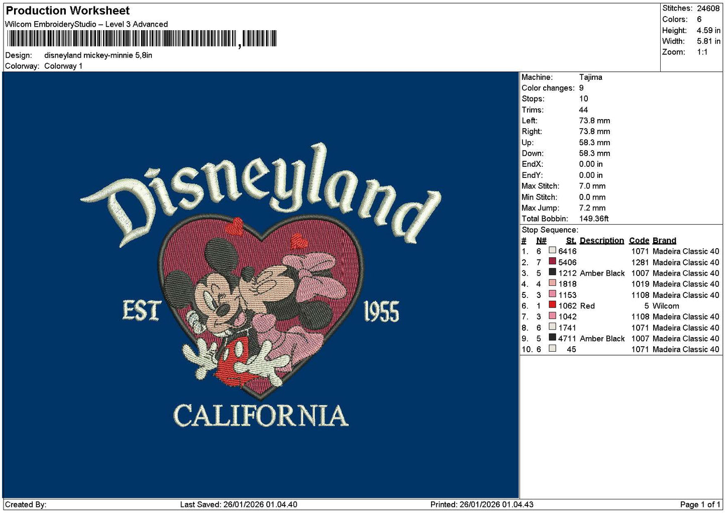 Dland Mcikey2601 Embroidery File 6 sizes