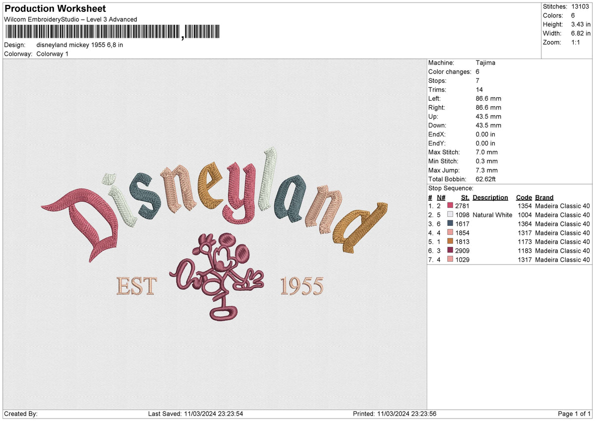 Disneyland mickey 1955 Embroidery File 6 size