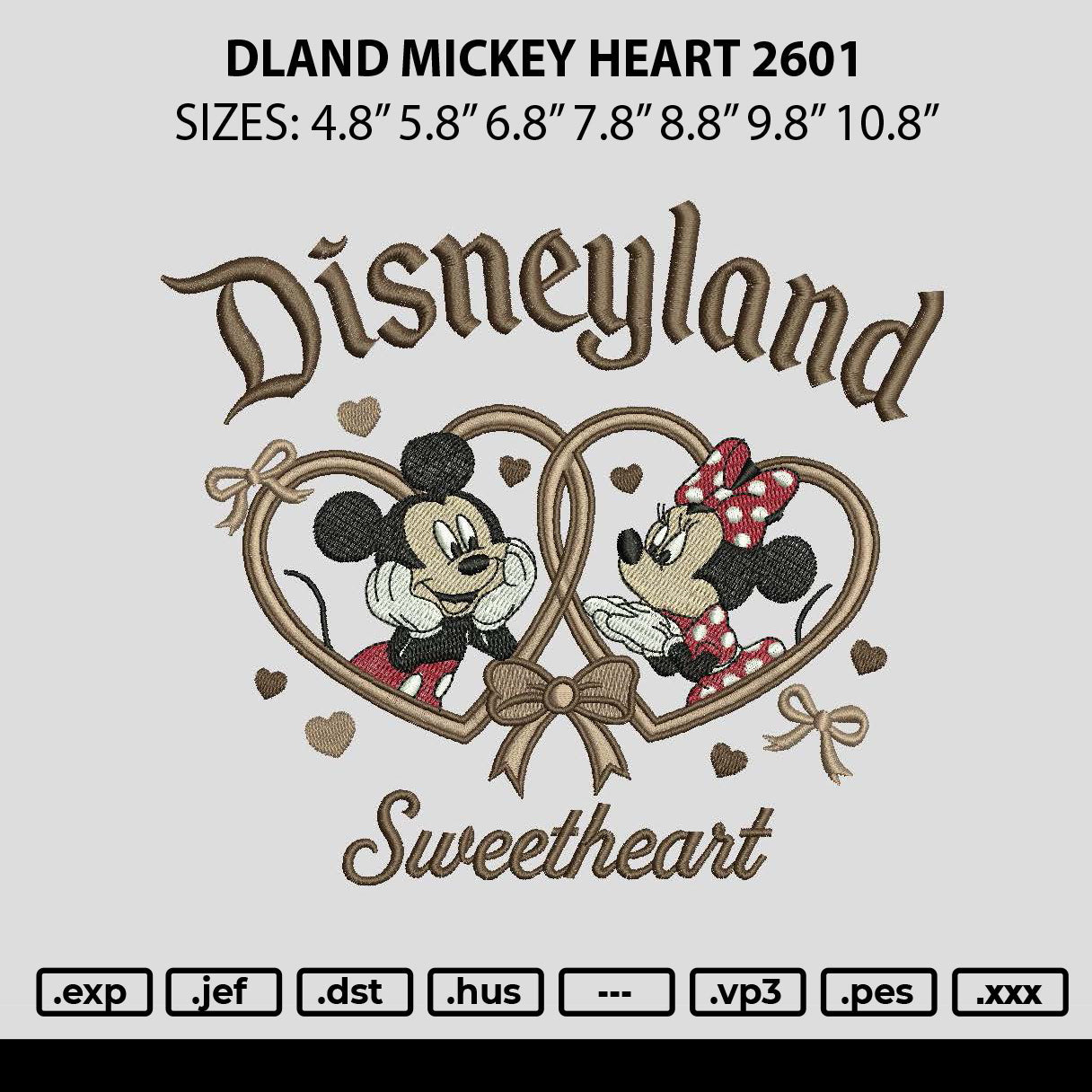 Dland Mickey Heart 2601 Embroidery File 6 sizes